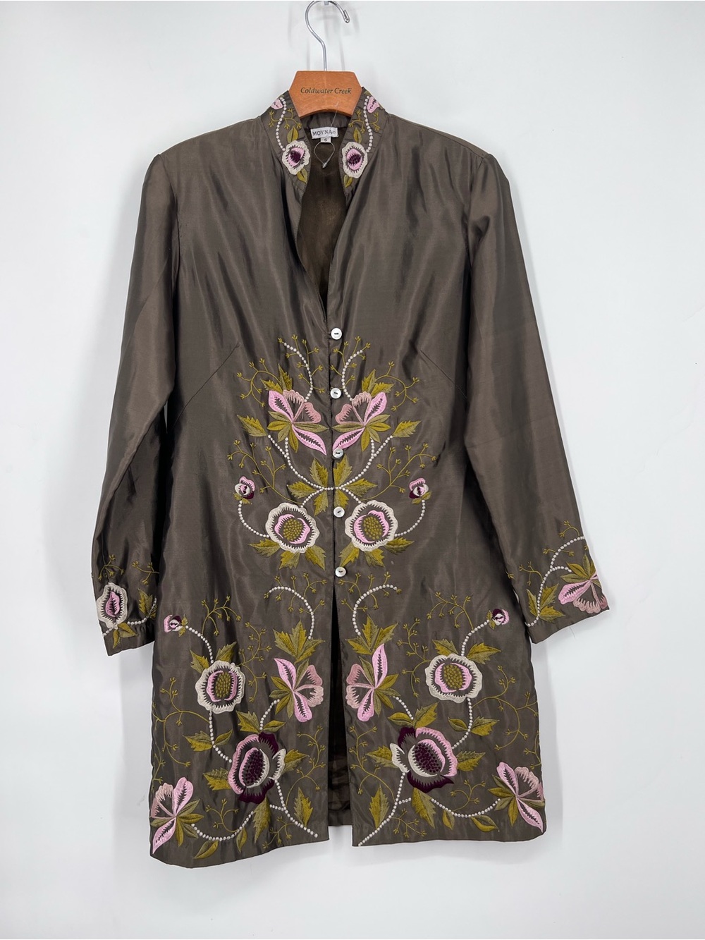 Moyna Olive Green Brown Silk Floral Embroidered Long Jacket Duster Small